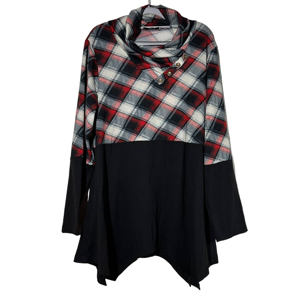 Cestyle Womens Tunic Top Plus Size 2XL Plaid Black Long Sleeve Hi Lo Hem Cowl